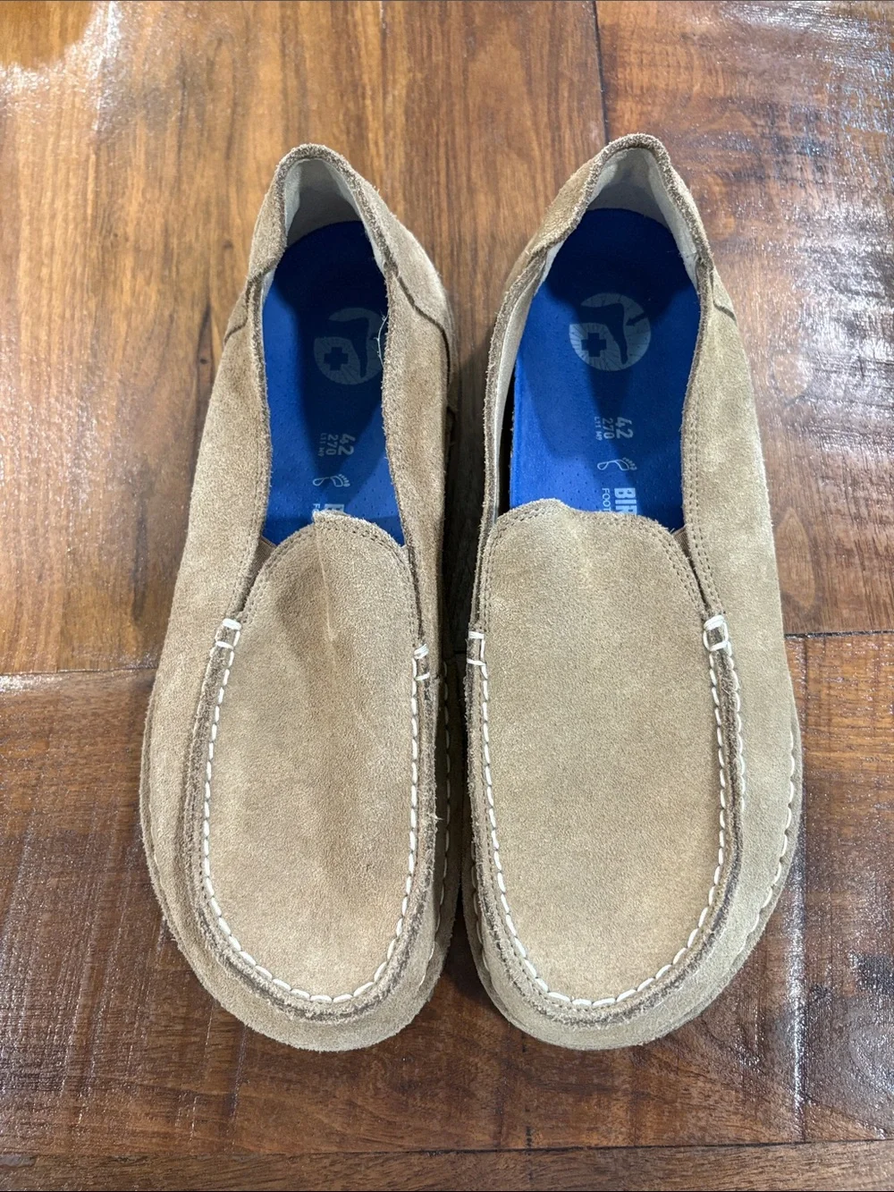 Birkenstock Men's Suede Slip-On Loafers in Tan with Blue Insole